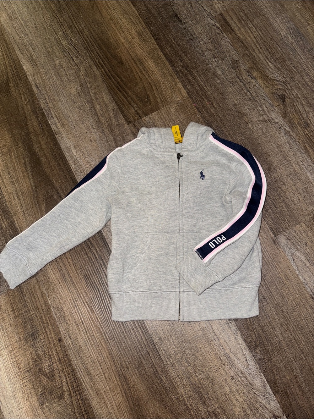 Polo by Ralph Lauren Gray Zip Hoodie with Navy & Pink Sleeve Stripes